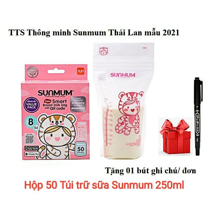 (Tặng Viết) (HỒNG) Hộp 50 túi trữ sữa Mẹ cao cấp 250ml không BPA, không mùi Sunmum (Thái Lan) U510