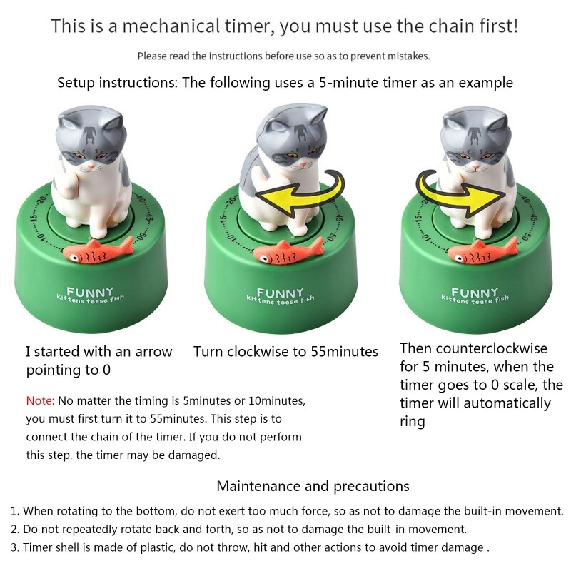 Mechanical for Cat Kitchen Timers 60-Minute Wind Up Dial Rotating Countdown Egg Timer Loud Ring Cute Cooking for Time Ma