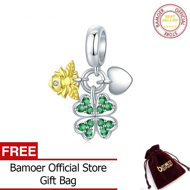 BAMOER Silver 925 Vintage Pattern Clover with Bee Pendant Charm fit Original Bracelet or Necklace DIY Jewelry BSC303