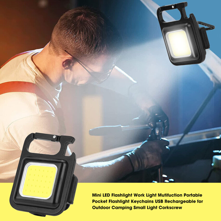 Mini LED Flashlight Work Light Mutifuction Portable Pocket Flashlight Keychains USB Rechargeable for Outdoor Camping Small Light Corkscrew