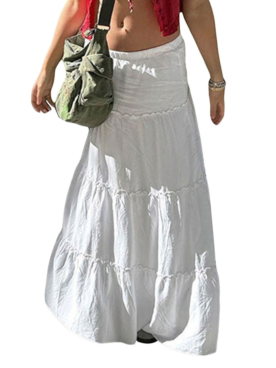Women's Summer Midi Skirt White Elastic Band Tiered Ruffle Boho Beach Skirt Streetwear
