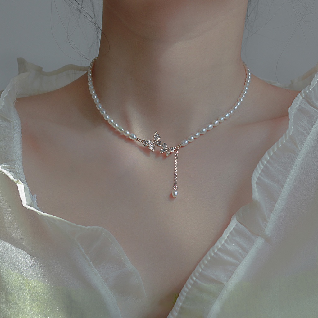 Rhinestone Butterfly Pearl Necklace Elegant Design High Quality Collar Chain Neckchain