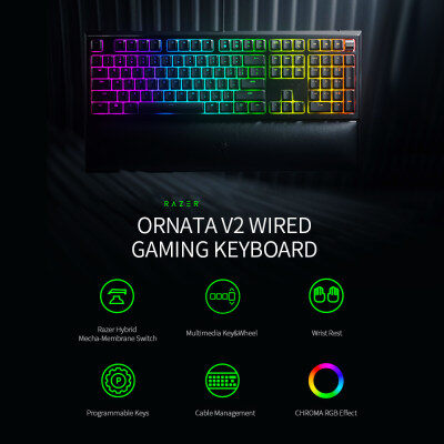 Razerคีย์บอร์ดแบบมีสายรุ่นOrnata V2,คีย์บอร์ดเล่นเกมRGBพร้อมสวิตช์เมมเบรนไฮบริดปุ่มมัลติมีเดียแป้นเรเซอร์สีRGBแบบพักข้อมือ