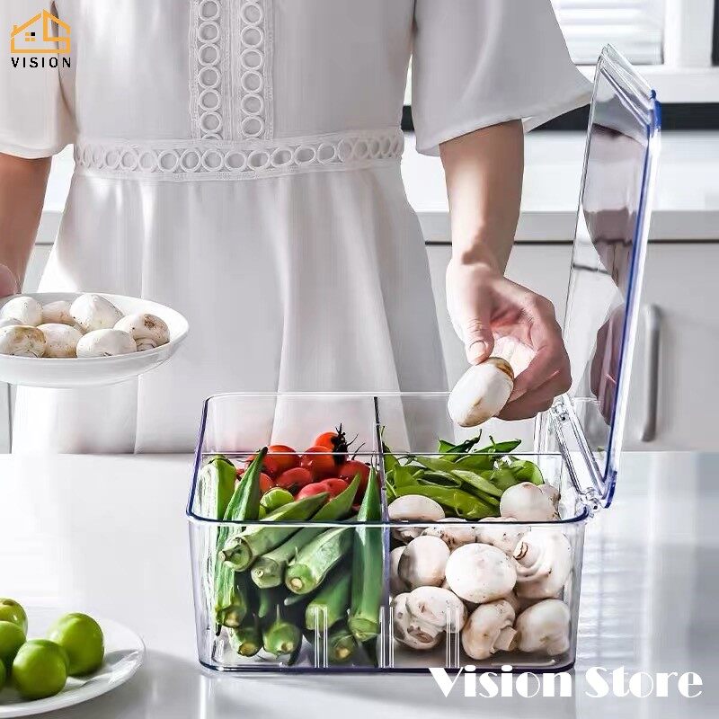Vision Hộp Lưu Trữ Rau Quả Trong Suốt Crisper Tủ Lạnh Gia Đình Hộp Giữ Tươi Có Nắp Đậy Bằng Nhựa PET Hộp Đựng Phân Chia Chống Côn Trùng Và Chống Bụi