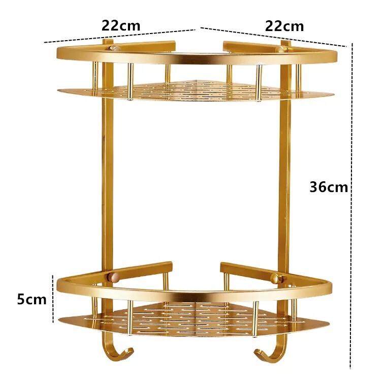 Biggers vệ sinh Cao Cấp màu Vàng nhôm Kệ góc nhà tắm phòng tắm có giá để đồ Đôi tầng có móc treo