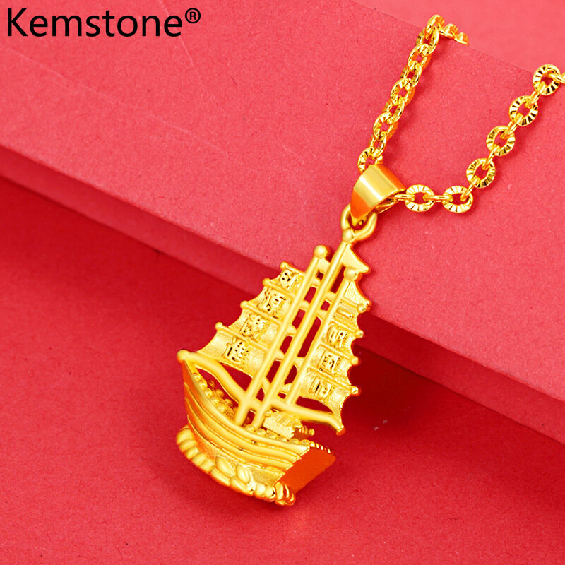 Kemstone Fashion 24K Gold Plated Copper Alluvial Gold Lucky Boat Pendant Necklace Wedding Jewelry Gift for Women Girls