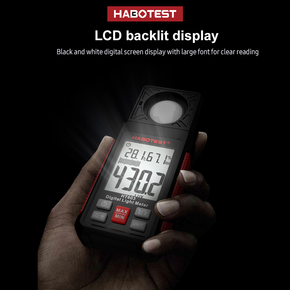 HABOTEST HT603 Digital Lux Meter Light Meter 200,000 Lux Digital Illuminance Meter with LCD Backlight Display Ambient Humidity and Temperature Meter