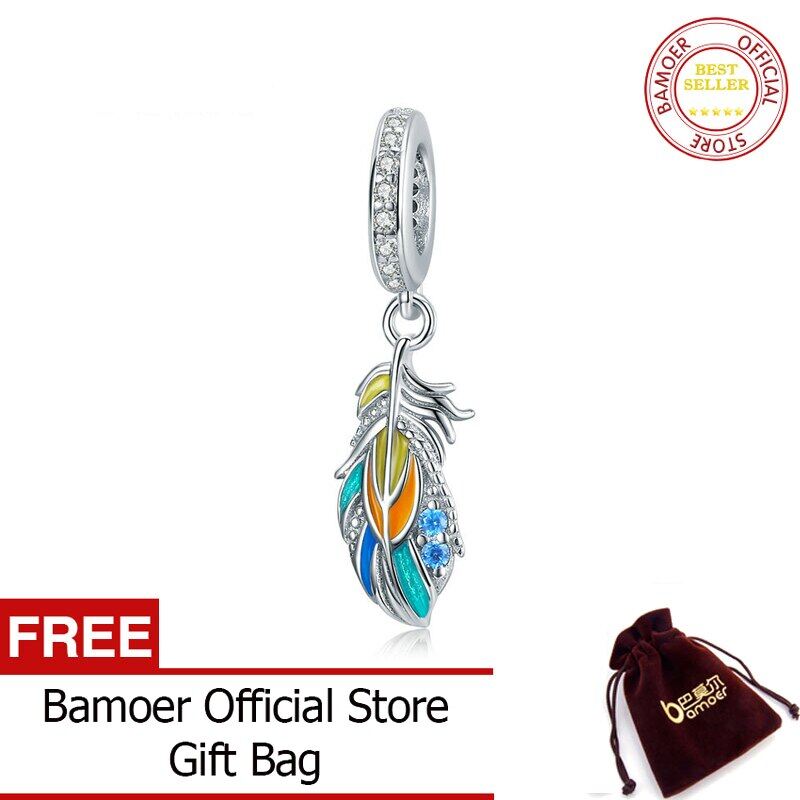 BAMOER Silver Colorful Feather Pendant Charm fit Original Bracelet for Women 925 Sterling Silver Jewelry Making BSC304