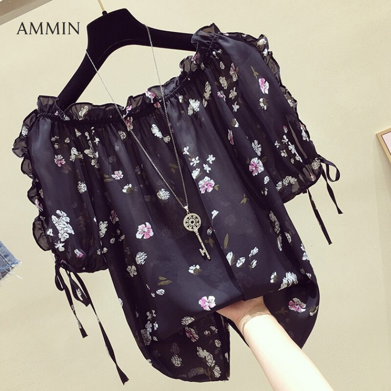 AMMIN 2023 new summer elastic boat neck floral print lace-up chiffon shirt women's short-sleeved loose Korean fashion Western style sweet beauty blouse female tops