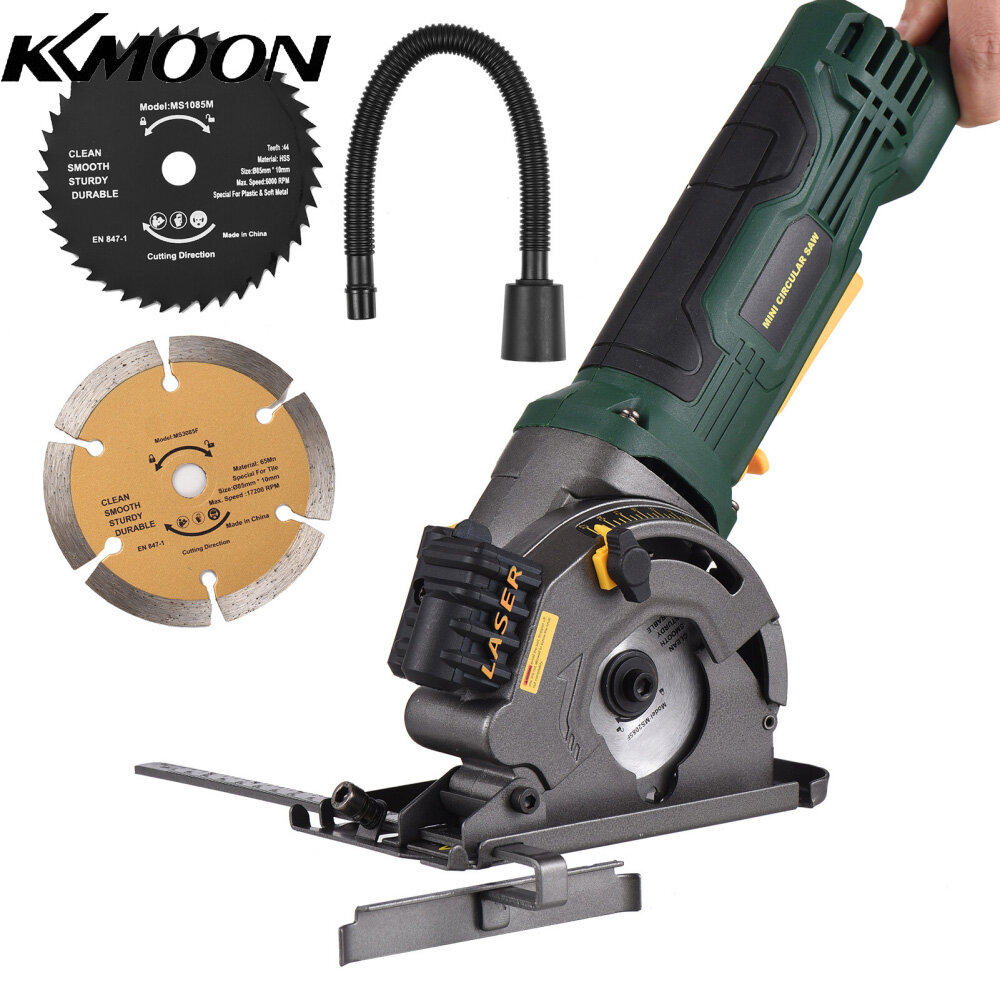 KKmoon 480W 3700RPM Mini Circular Saw Corded 4Amp Electric Compact Circular Saw with La-ser Guide Scale Ruler Vacuum Port 3 Blades for Cutting Wood Tile Plastic Soft Metal