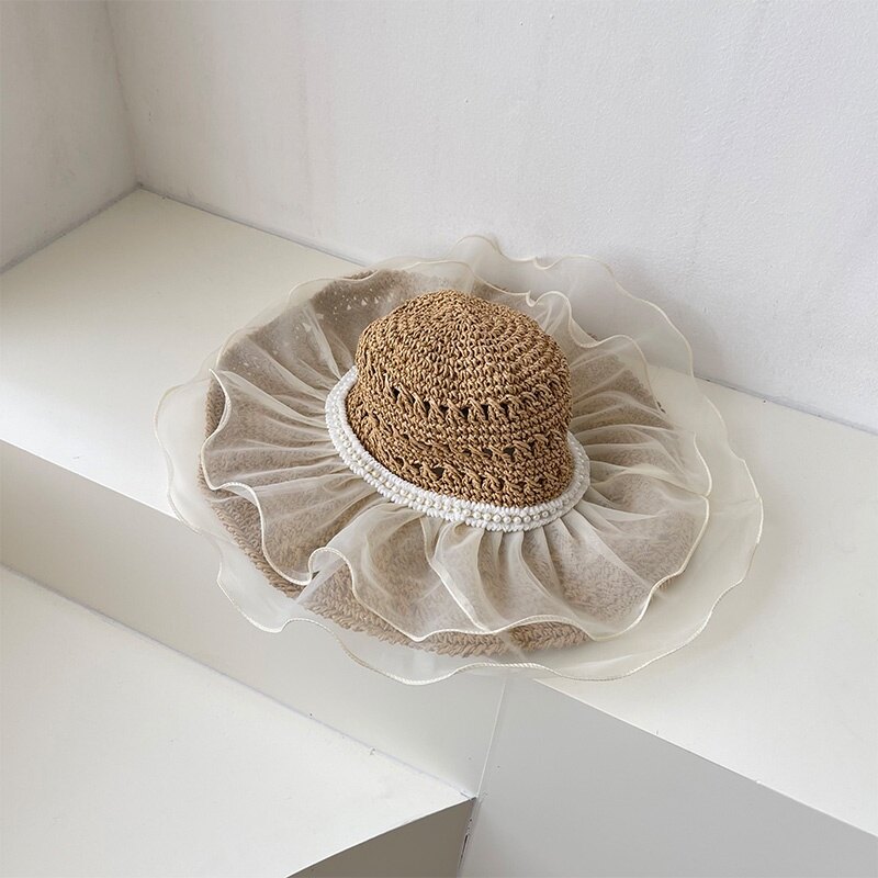 INS Lace Big Brim Straw Bucket Hat Women Summer Vacation Beach Sun Protection Straw Hat