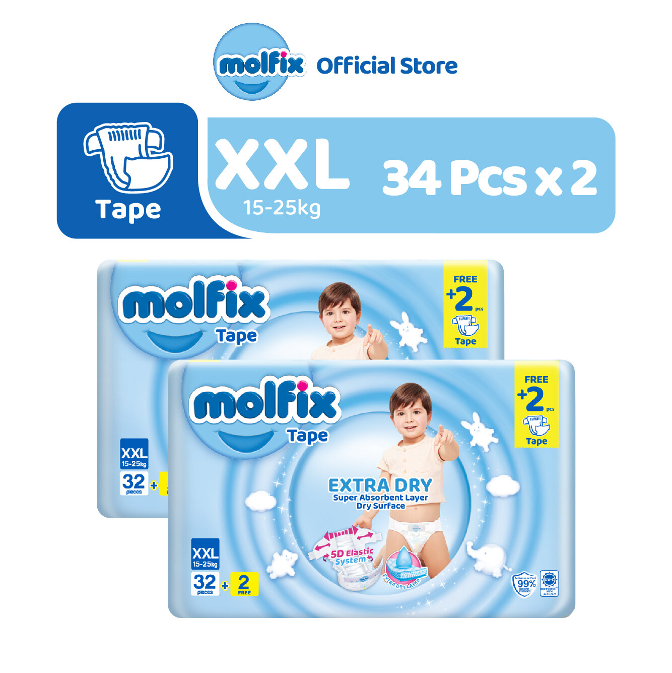 Molfix Extra Dry Tape XXL 32+2 Pcs. Jumbo Pack x2 [FREE Natural Regular