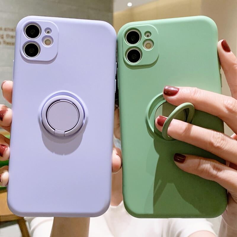 Ring Silicone Cases For iPhone 12 11 13 14 Pro Max XS XR 8 7 14 Plus Case Soft Silicon Stand Holder Shockproof Slim Camera Lens Protective Cover