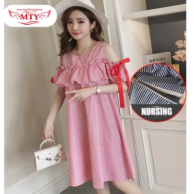Summer Functional 2-in-1 Maternity Wear Pregnant Nursing Dresses Casual Striped Maternity Breast-feeding Dresses