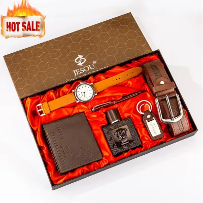 6pcs/set Jesou Collection Leather Belt+Wallet+Perfume+Key Chain+Large Dial Quartz Watch+Pen Gift Set For Father Boyfriend
