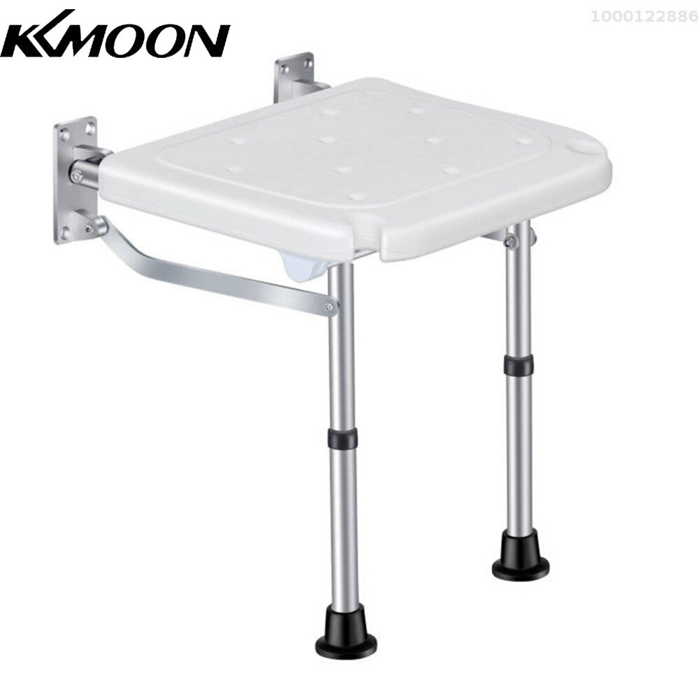 KKmoon Folding Shower Bench Wall Mounted Flip-up Bath Seat Screw-in Bathroom Chair Stool with Non-slip Feet Drainage Holes Shower Head Slot for Elderly Seniors Disabled 42~53mm Height Adjustable