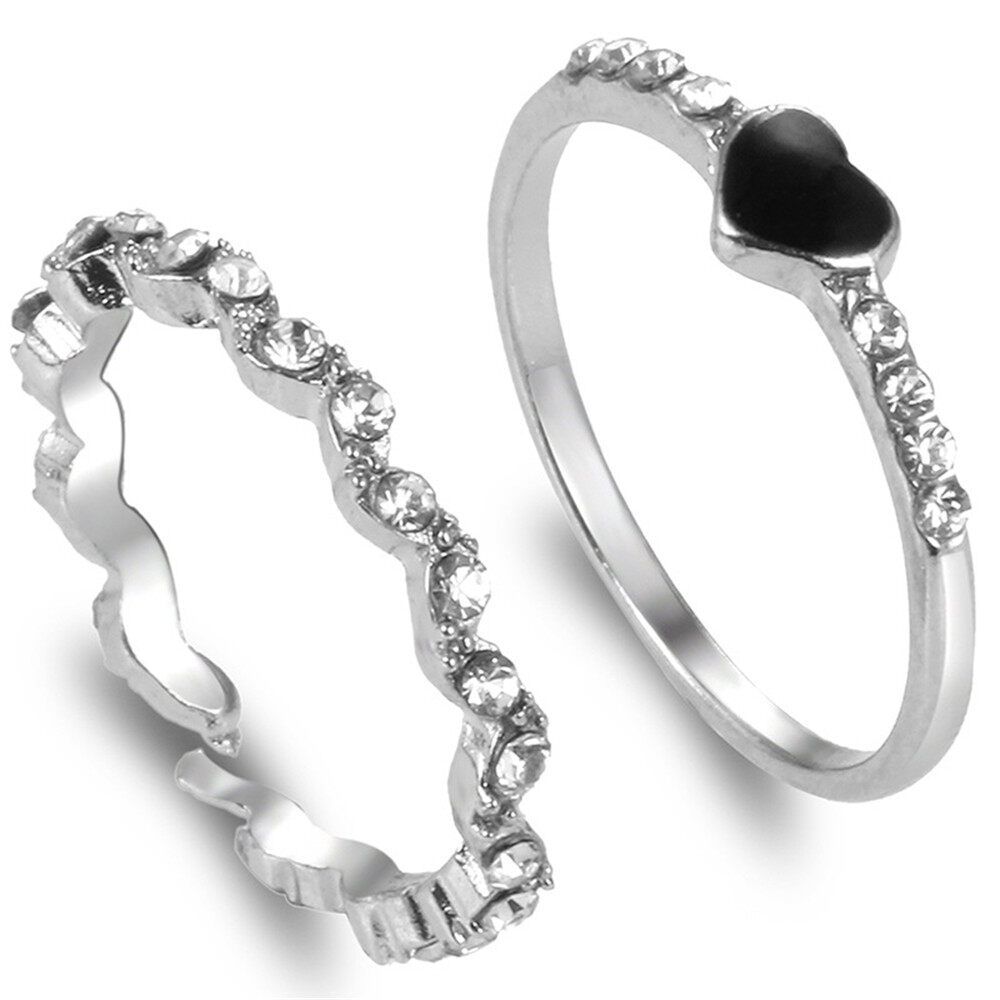 Sanhe Korean Fashion Black Heart Rhinestone Rings for Girls 2 Piece Set