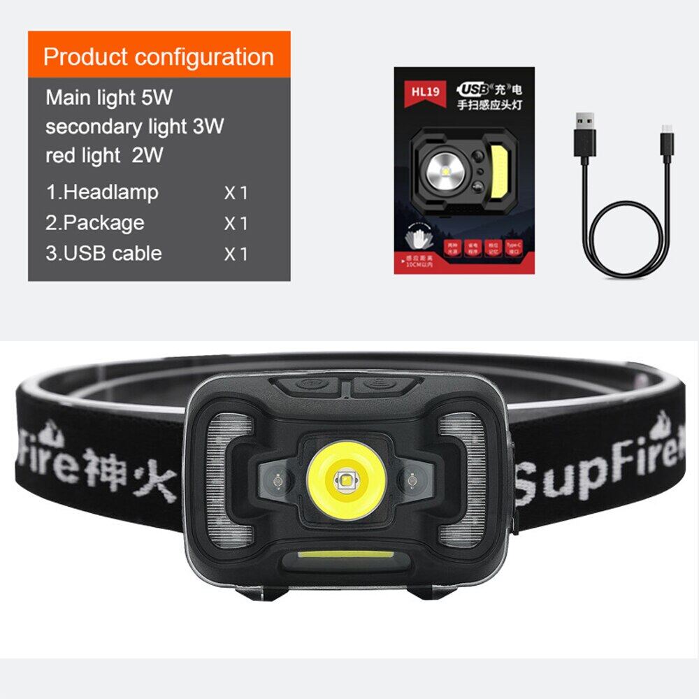 New Supfire HL16 Induction Headlight Outdoor Sports Bicycle Lamp Fishing Waterproof USB Rechargeable LED Headlamp Searchlight