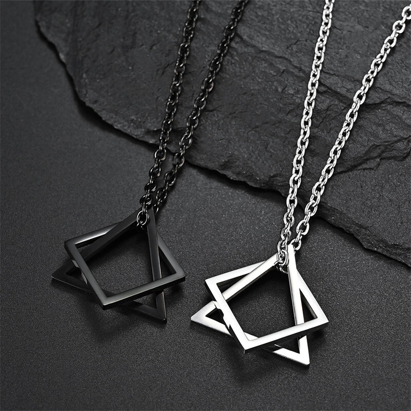 【PrettySet】2 pcs/1 set 2021 Cold Wind Ins Geometric Triangle Square Combination Necklace Hip Hop Net Red Tide Men And Women Couple Pendant VH