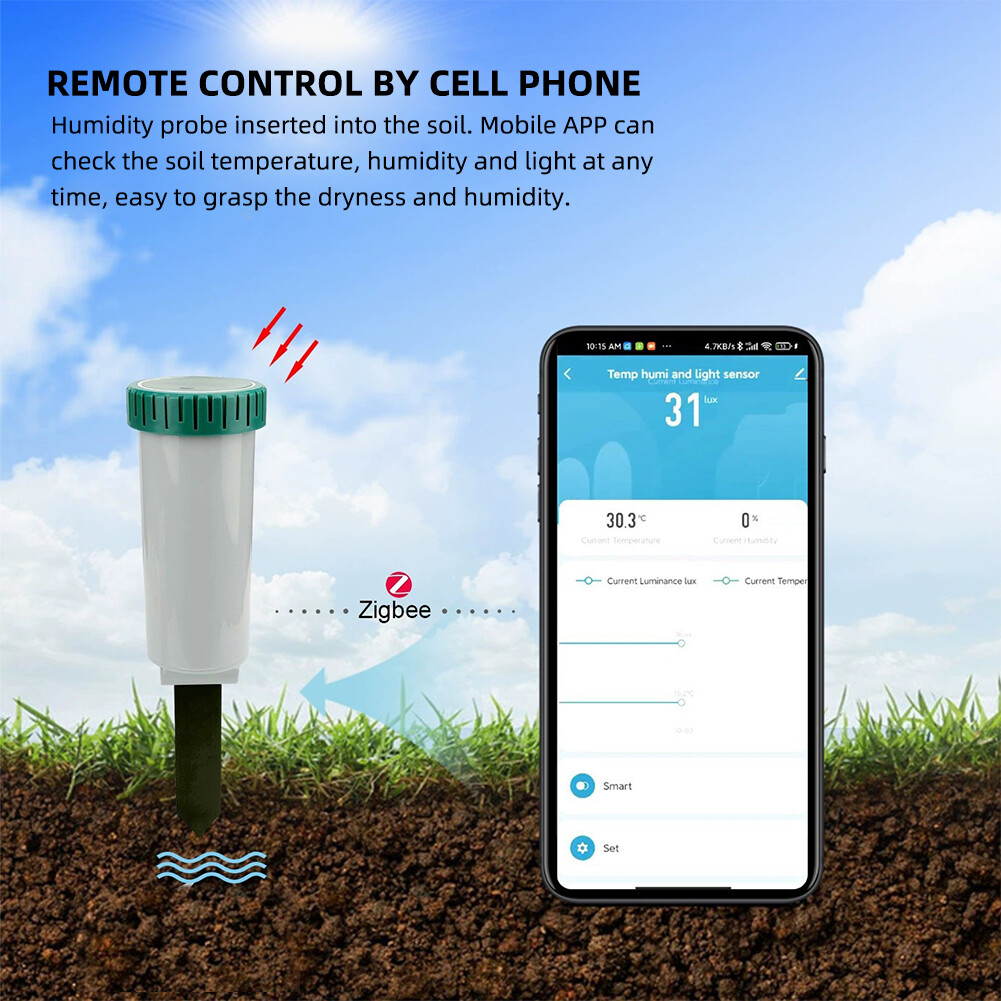 Yieryi độ chính xác cao dụng cụ kiểm tra đất 3 trong 1 độ ẩm/nhiệt độ đất/ánh sáng thông minh đất Máy đo nhiệt độ và độ ẩm IP67 không thấm nước ZigBee truyền không dây cho cây trồng trong chậu trang trại Vườn Nhà Kính