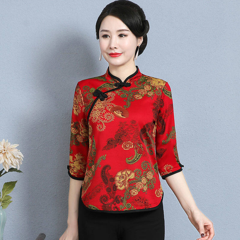 Summer New Cheongsam Collar Sleeve T-shirt Mother Wear Covering Belly Western Style Top Middle-aged Women's Chinese Style Bottoming Shirt