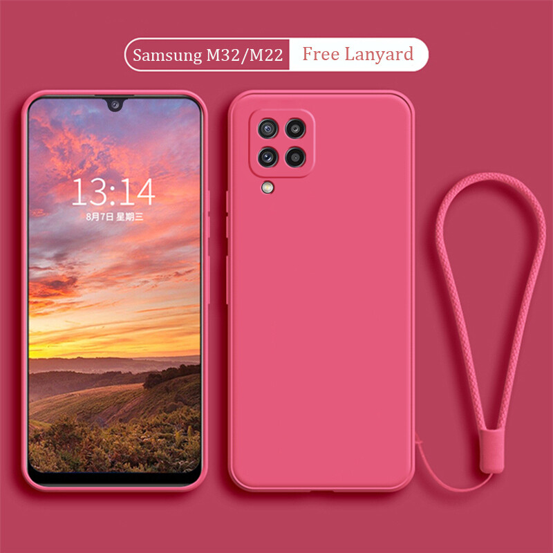 Phone Case for Samsung Galaxy M32 M22 A22 4G A22 LTE Shockproof Casing Candy Color Straight Edge Liquid Silicone Soft TPU Back Cover with Strap Lanyard -N10