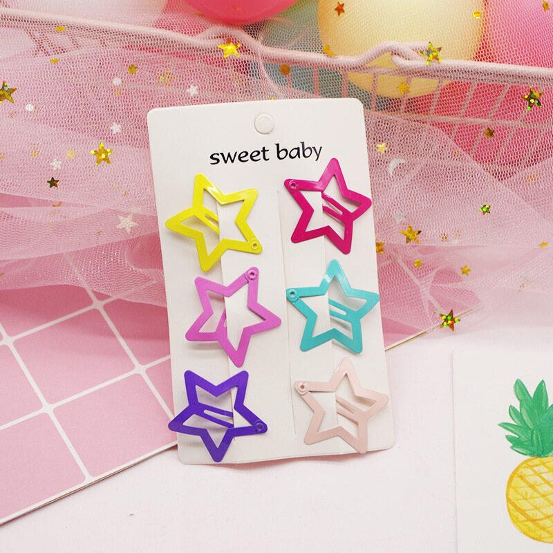 6 Pcs Kids Stars Hair Clips Glitter BB Clips Children Girls Candy Color Metal Snap Barrettes