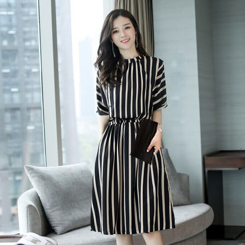 Women's Fashion Stripe Dress Summer 2023 New Versatile Slim Waistband Dress Temperament Ladies' Dress
