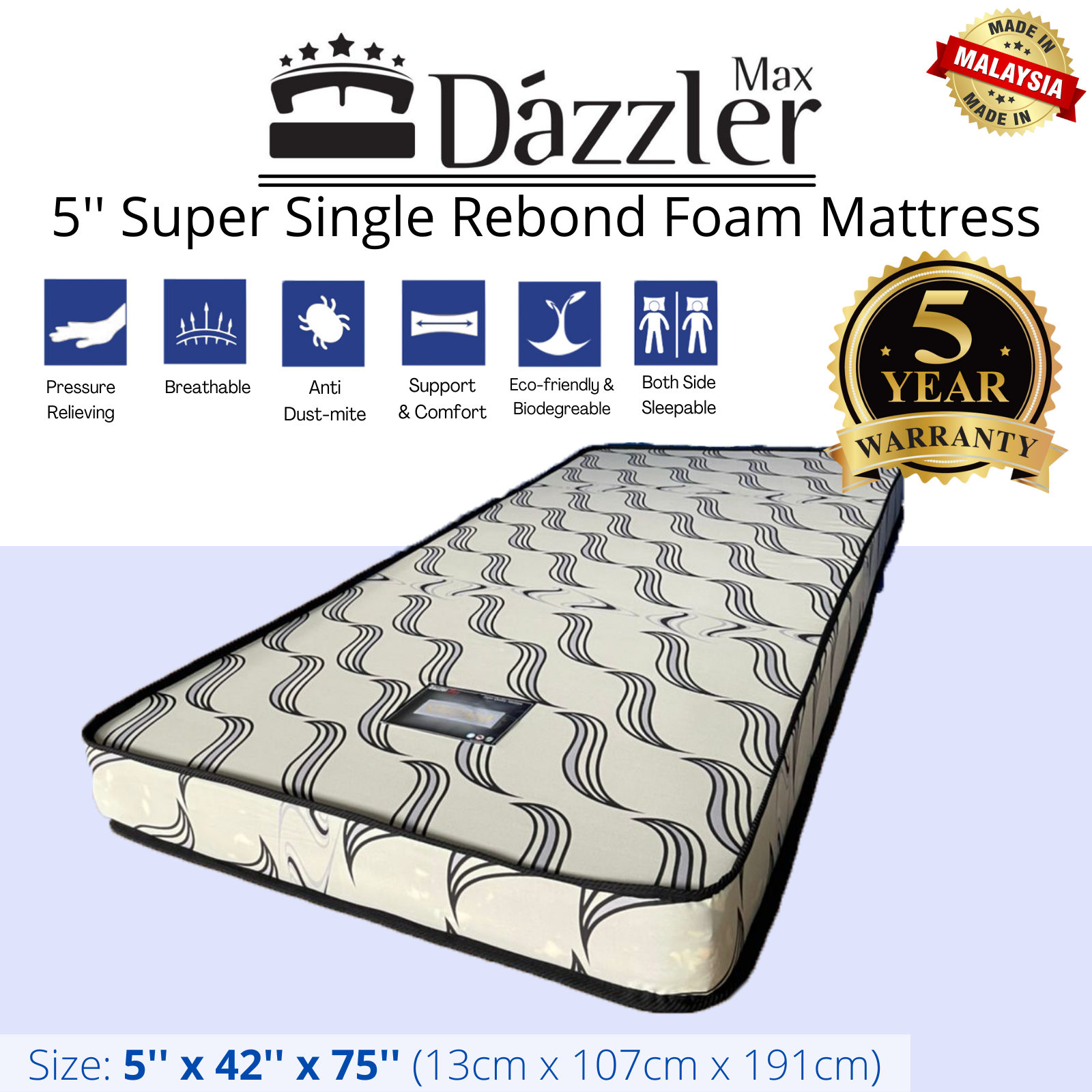 [FREE Pillow + Penang Free Shipping] Dazzler Max 5''Inch Super Single Rebond Foam Mattress Bed