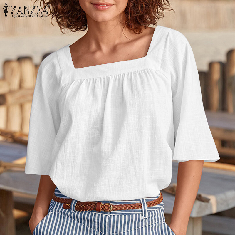Zanzea women linen cotton shirt t-shirt short sleeve plain baggy summer blouse tops tee #15
