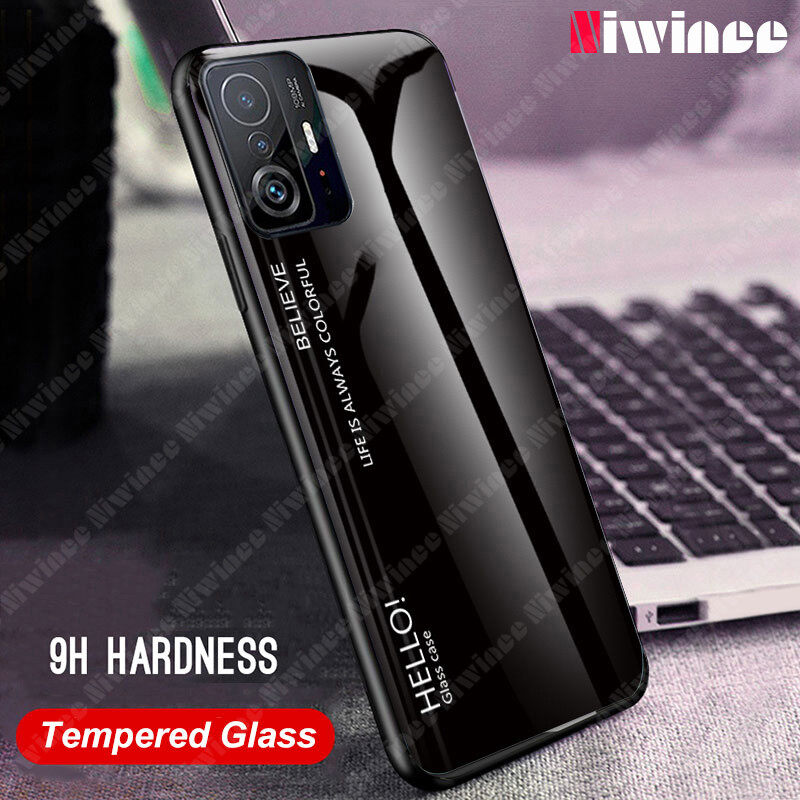 NIWINEE For Xiaomi 11T 5G / 11T Pro 5G Gradient Black White Tempered Glass Casing Glass Back Cover Soft TPU Bumper Case For OPPO Reno6 5G