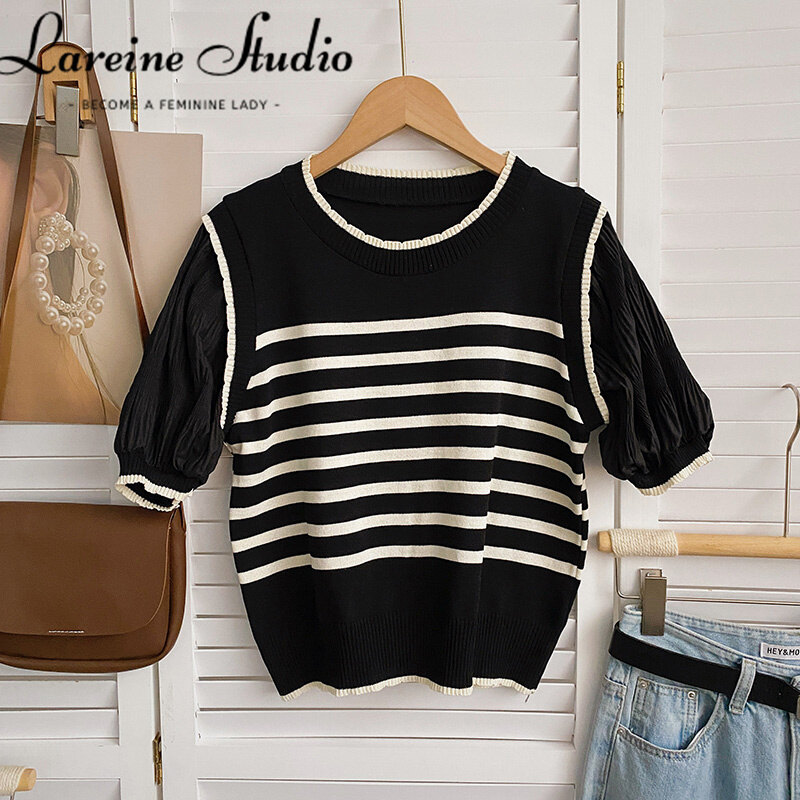LAREINE Women's t-shirt short sleeve stripe stitching fake 2 pieces knitted top Korean version short sleeve t-shirt women
