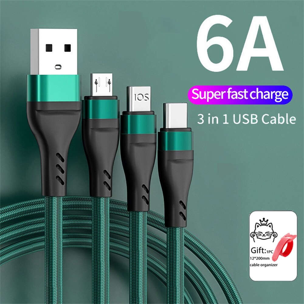 {hot} 6A 3 in 1 Charging Cable Type-C Micro USB Fast Charger Data Cables For iPhone Sansung Xiaomi Huawei