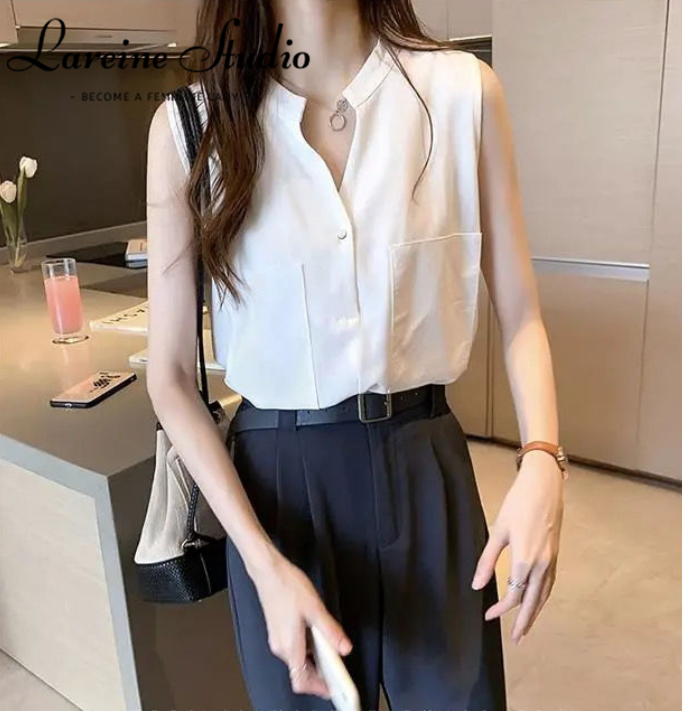 LAREINE Áo Nữ Phong Cách Thường Ngày Mới 2022 Áo Ba Lỗ Cổ Chữ V Không Tay