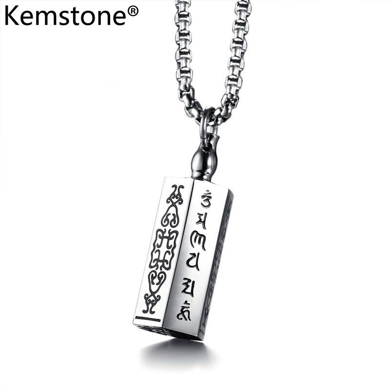 Kemstone Stainless Steel Silver Lucky Six Words Mantra Pendant Necklace for Men