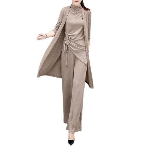 HOT 3Pcs Set Casual Women Suit Solid Color Knit Side Bandage