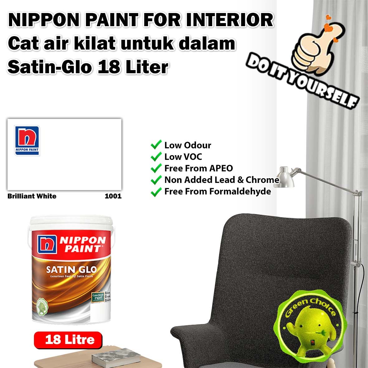Nippon Paint Paint for Interior SatinGlo 18 Litre Brilliant White 1001