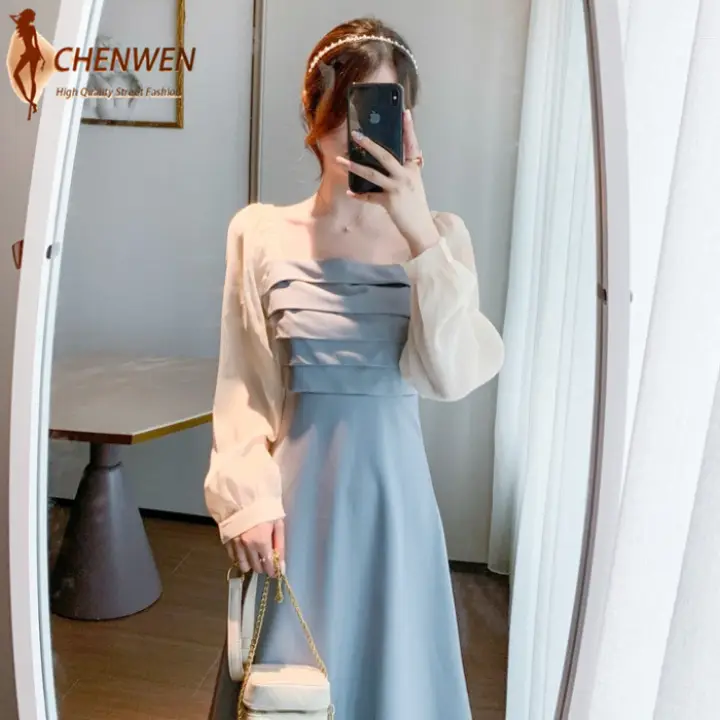 Chenwen Patchwork Women One Piece Dress Korean New Spring Full Sleeve Chiffon Lurex Dresses Blue Black Lazada Ph