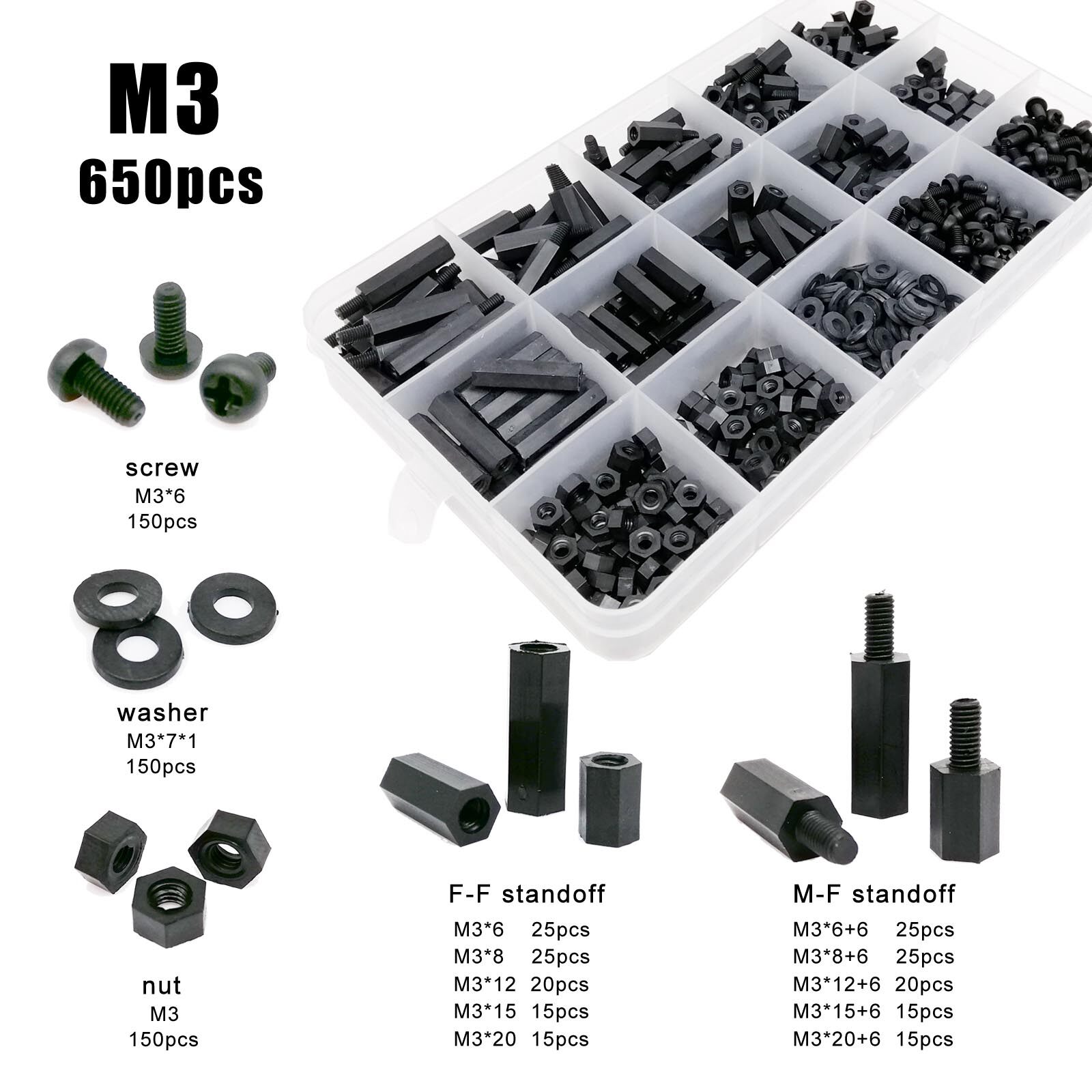 YJZG 20/50pcs M2/M2.5/M3/M4L+6mm Thread Black or White Spacing Screw Plastic for PCB Motherboard Fixed Nylon Standoff Spacer Pillar Color : Black, Size : 11mm