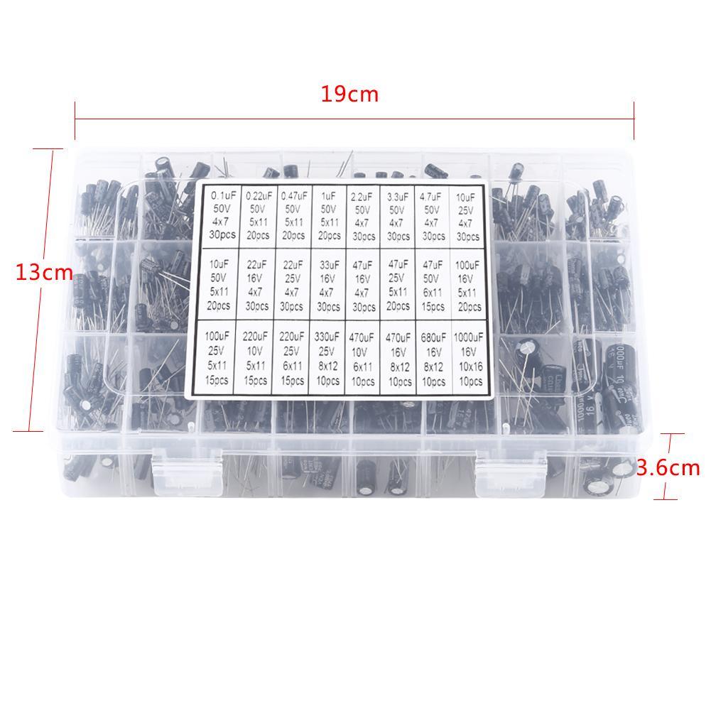 500pcs 24 Values Aluminum Electrolytic Capacitor Assorted Kit 10V~50V 0.1uF to 1000uF