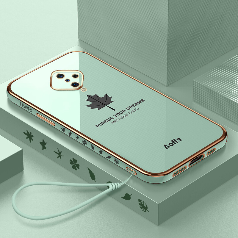 YBD Ốp Điện Thoại Mạ Cạnh Thẳng Cho Vivo S1 Pro Ốp Bảo Vệ Máy Ảnh Chính Xác Ốp Họa Tiết Lá Phong Có Dây Buộc Miễn Phí