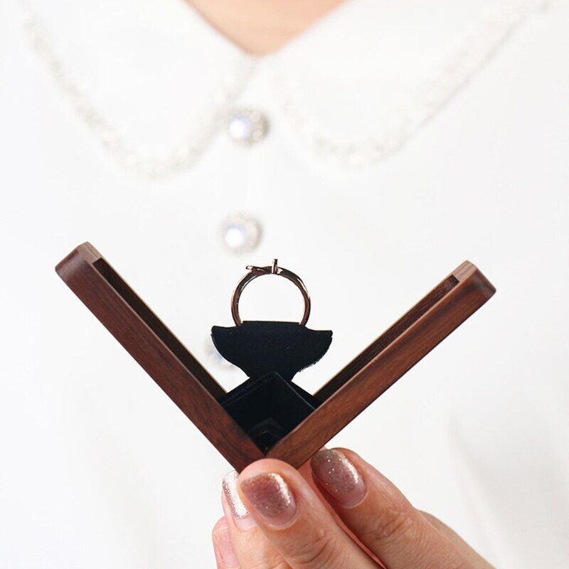 [NEW 2023] Engagement Flat Ring Box-Proposal Wooden Ring Box-Wedding Ring Box-Square Thin Engagement Revolving Box Jewelry Gift
