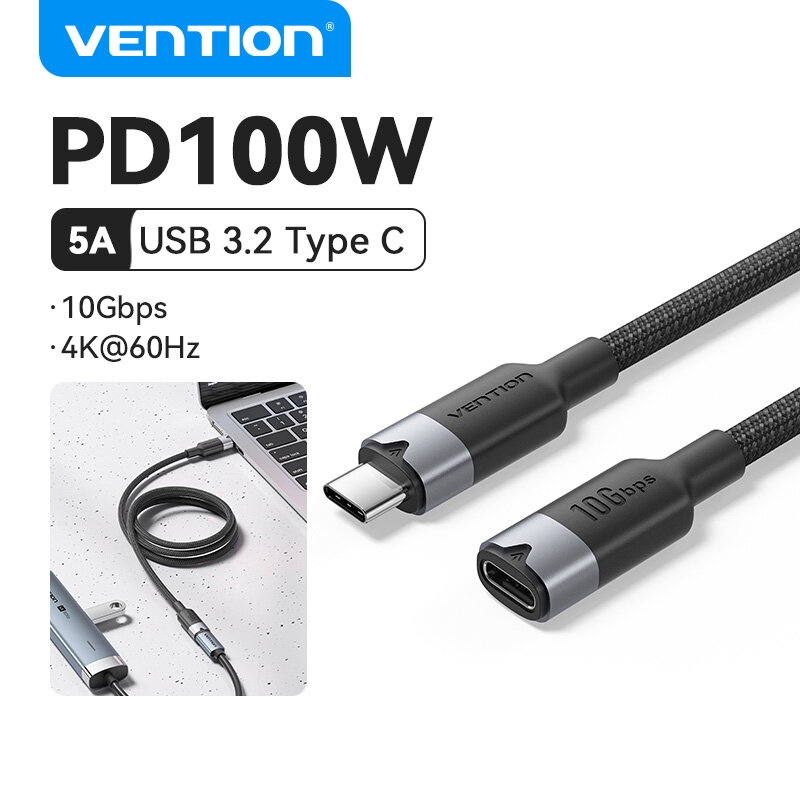 Vention USB 3.2 Gen2 Loại C Cáp nối 10gbps truyền dữ liệu 4K 60Hz 5A 100W PD sạc điện thoại iPhone nhanh Huawei Samsung Xiaomi máy tính bảng máy tính xách tay MacBook chuyển đổi USB C Nam để C dây dây kéo dài đầu cái