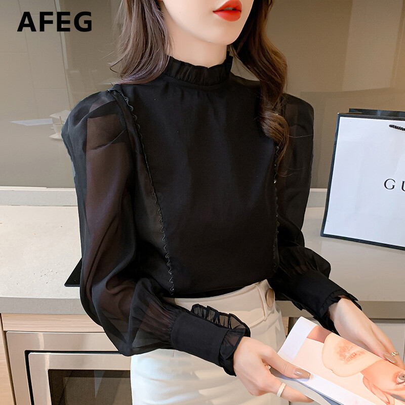 AFEG new Korean fashion loose wild mesh stitching chiffon puff sleeve blouse for women