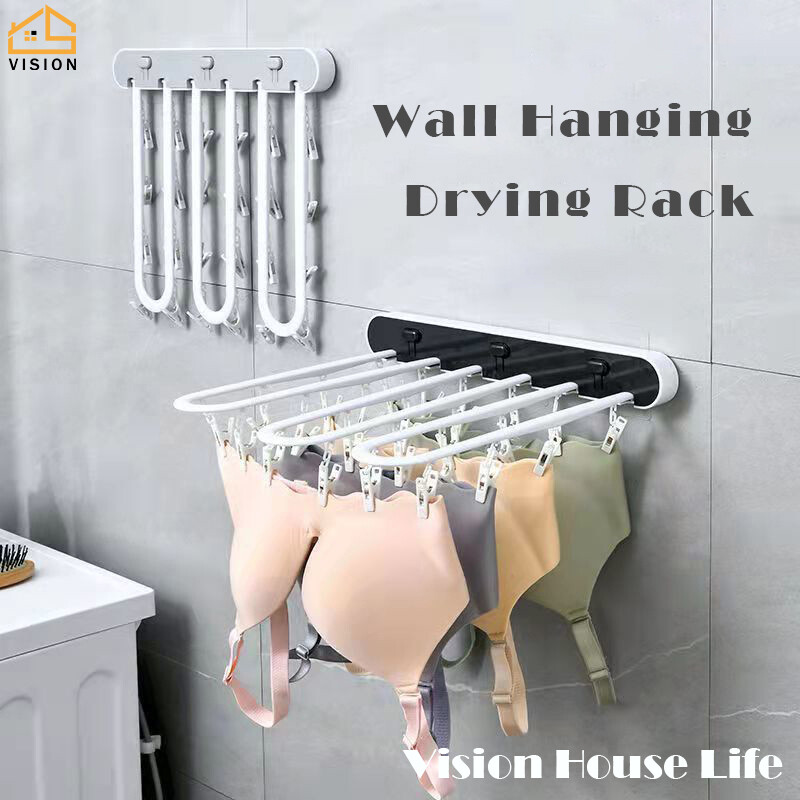 Vision Wall Mounted Drying Rack Household Press Type Foldable Underwear Rack Multi-Clips Punch-Free Storage Rack Wall Hanging Folding Balcony Bathroom Drying Rack