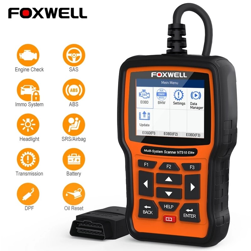 Foxwell NT510 FullระบบOBD2อัตโนมัติสนับสนุนเครื่องมือวินิจฉัยABS SRSข้อมูลแครชEPBรีเซ็ตน้ำมันคันเร่งปรับDPFยานยนต์ODB 2เครื่องมือสแกน