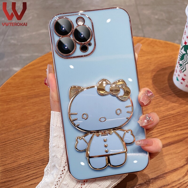 Vwterokai hello kitty 3d cute doll makeup mirror phone case for phone 7/8 7/8plus x/xs xr xs max 11 pro max 12 pro max 13 pro max 14 pro max plated soft tpu bracket back cover
