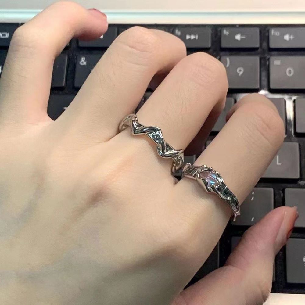 2pcs Moonstone không đều vòng lượn sóng vòng hình học cho nam giới và phụ nữ linh hoạt mở điều chỉnh trang sức nhẫn đôi Quà Tặng