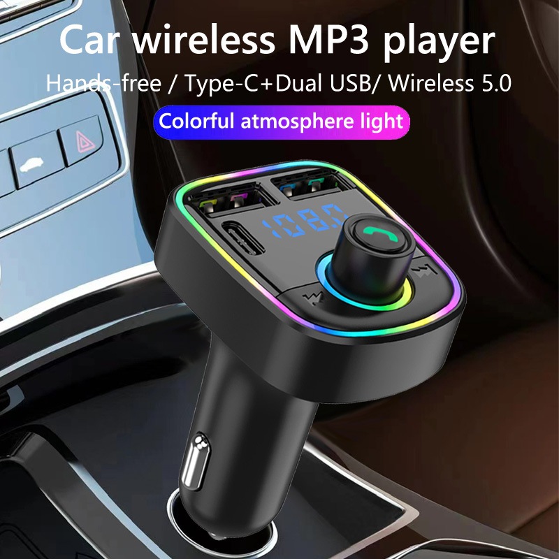 Car bluetooth 5.0 fm transmitter pd type-c dual usb 3.1a fast charger colorful ambient light handsfree mp3 modulator player