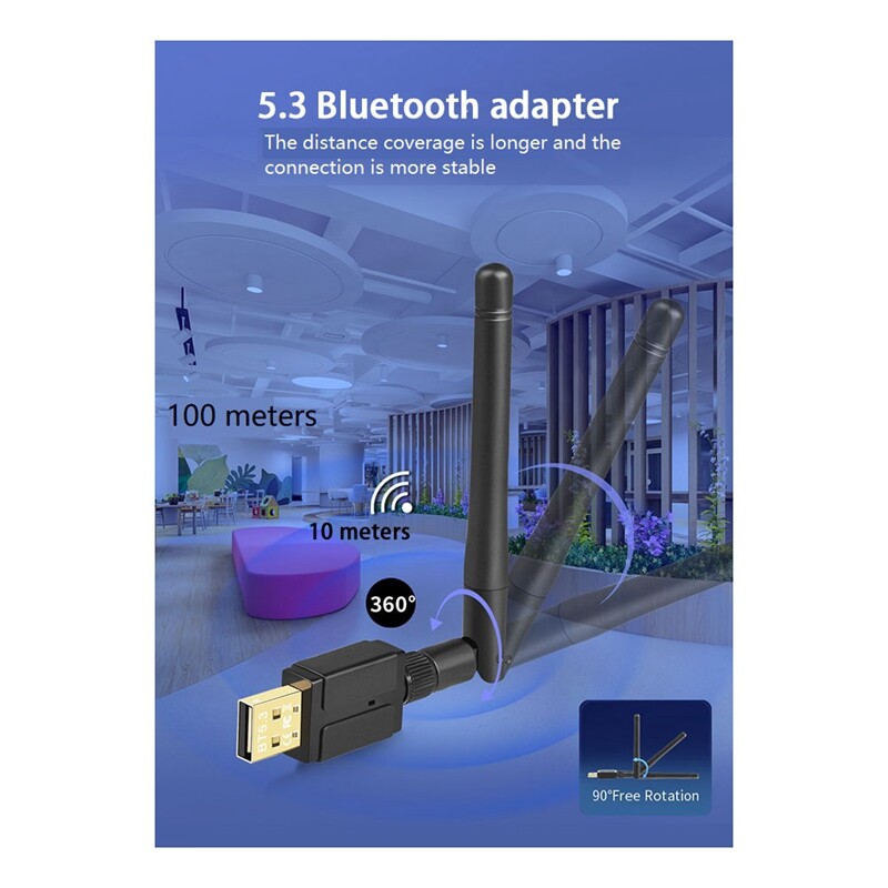 1 Set 100M External Antenna USB Bluetooth 5.3 Adapter USB Bluetooth Transmitter Receiver Bluetooth Adapter (Black)